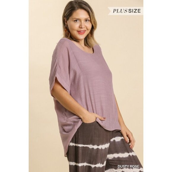 Nwt Umgee Plus Dusty Rose Short Dolman Sleeve Sheer Rounded Neck Lining Top - Picture 3 of 4